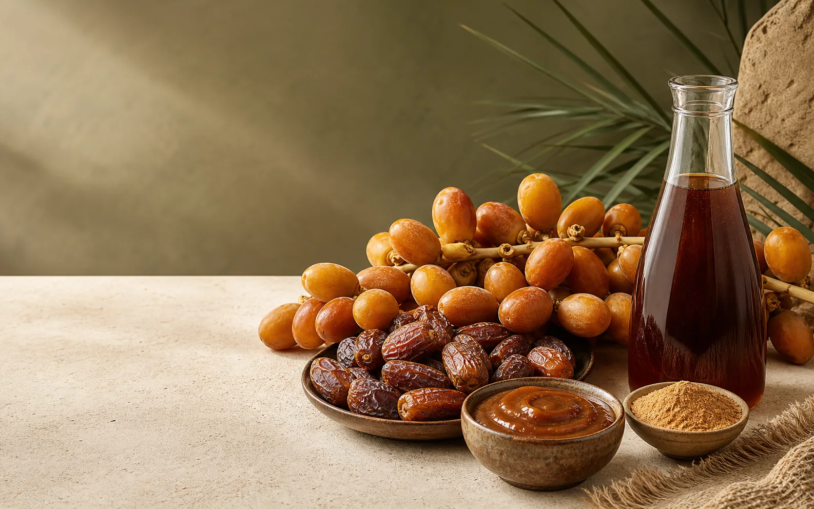 Aseel dates presented with date syrup, paste and powder