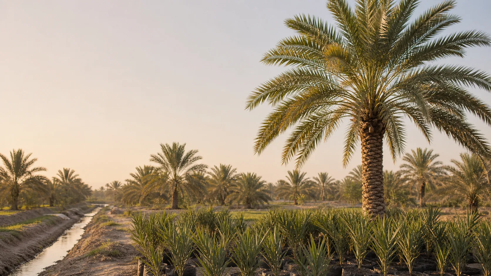 Khairpur date palm orchard at golden hour